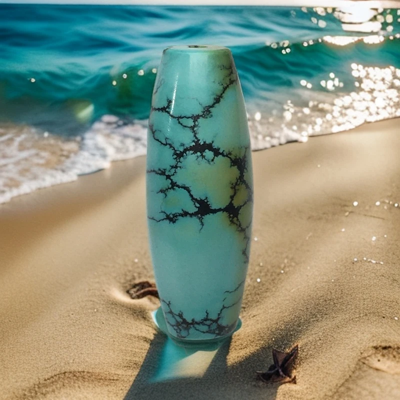 【一哥】湖北十堰天然原矿绿松石高瓷高色水草纹网花桶珠文玩配饰