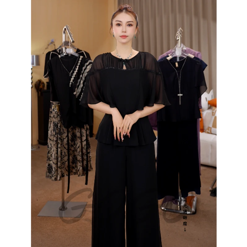G6932时尚气质黑色套装女2025夏季新款优雅减龄遮肉显瘦两件套
