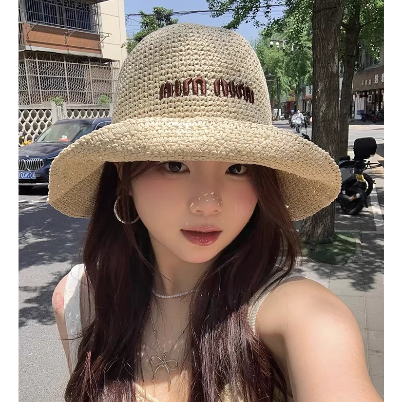 手工草编字母盆帽女春夏季出游度假防晒百搭渔夫帽遮阳帽子沙滩帽