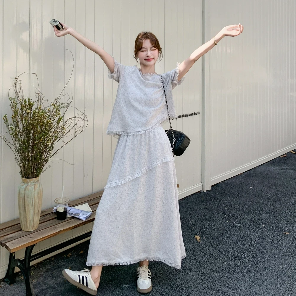 夏季减龄一整套小个子穿搭小香风流苏短袖上衣搭配半身裙两件套女