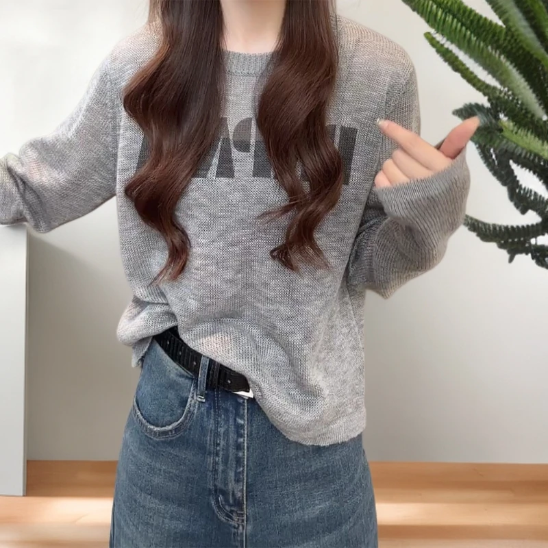 秋季休闲宽松慵懒风设计感套头微透罩衫圆领字母针织衫C5863