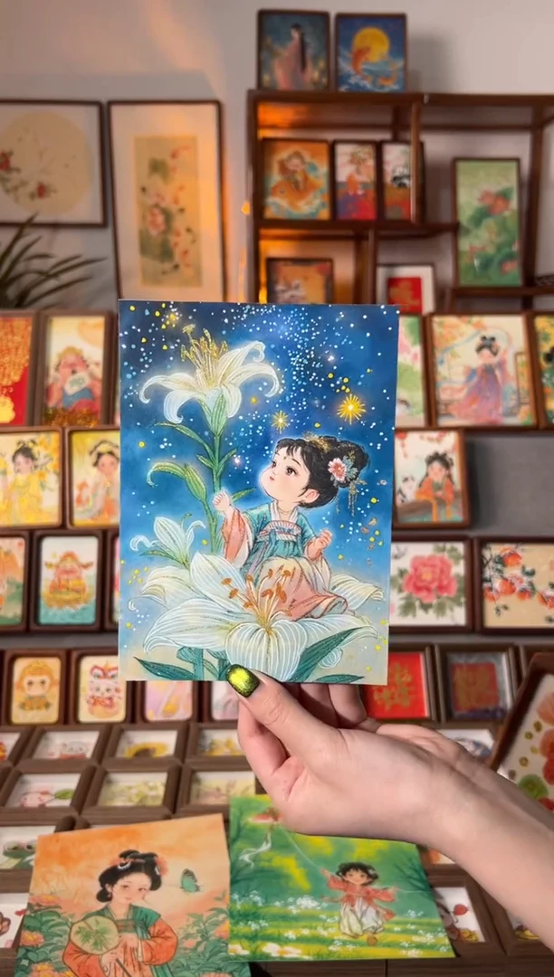 【闪购商品】国画百合星空女孩 手绘国画7寸画芯