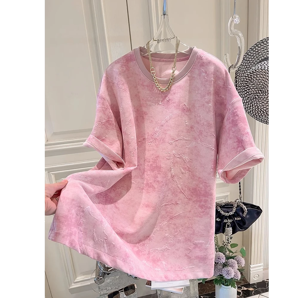 夏季重工立体暗纹工艺提花植绒中长款宽松休闲短袖T恤女