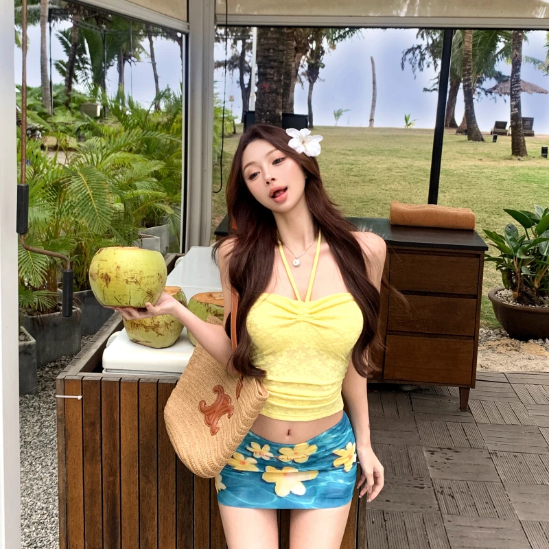 夏日多巴胺黄色碎花辣妹抹胸串珠绑带上衣网纱半身裙短裙两件套