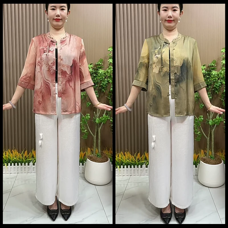 8810气质妈妈装夏季国风中老年女装夏装立领刺绣新中式开衫衬衣