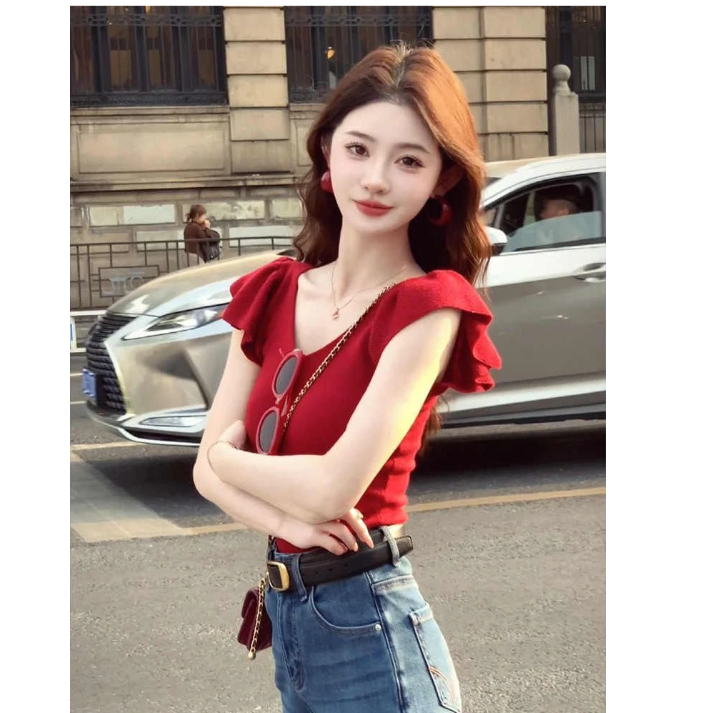 红色V领短袖针织衫正肩T恤女夏季修身显瘦纯欲辣妹小飞袖短款上衣