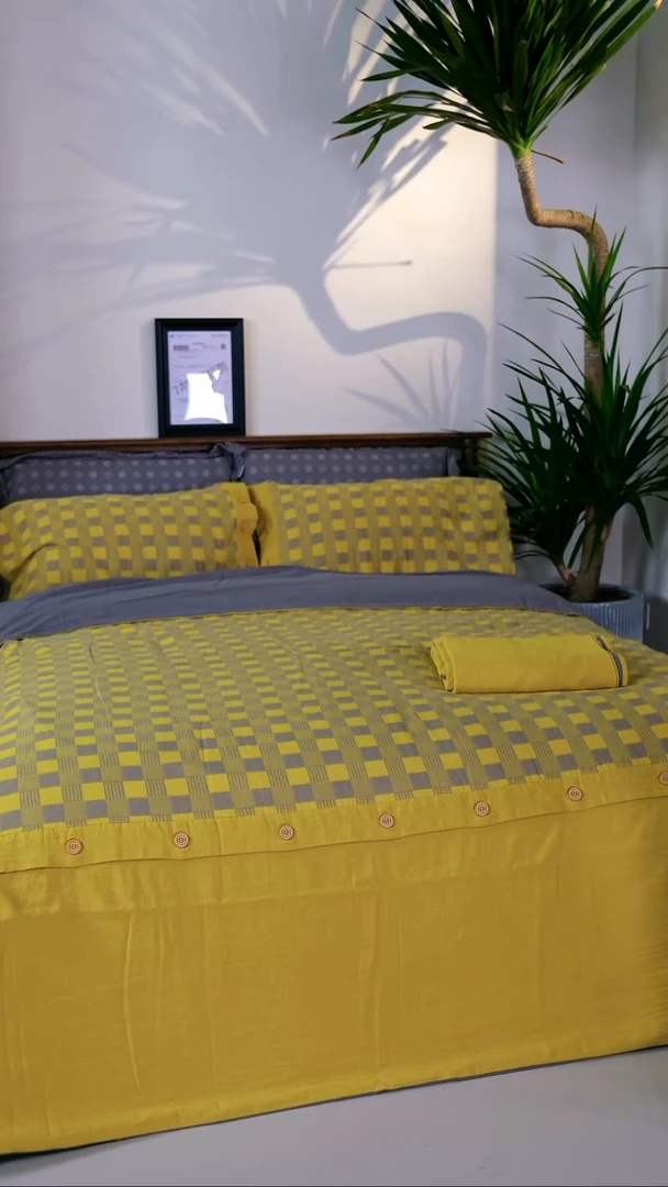 棉棉有斐/Youfeel双层纱色织埃菲尔拼接纽扣款四件套-灰黄