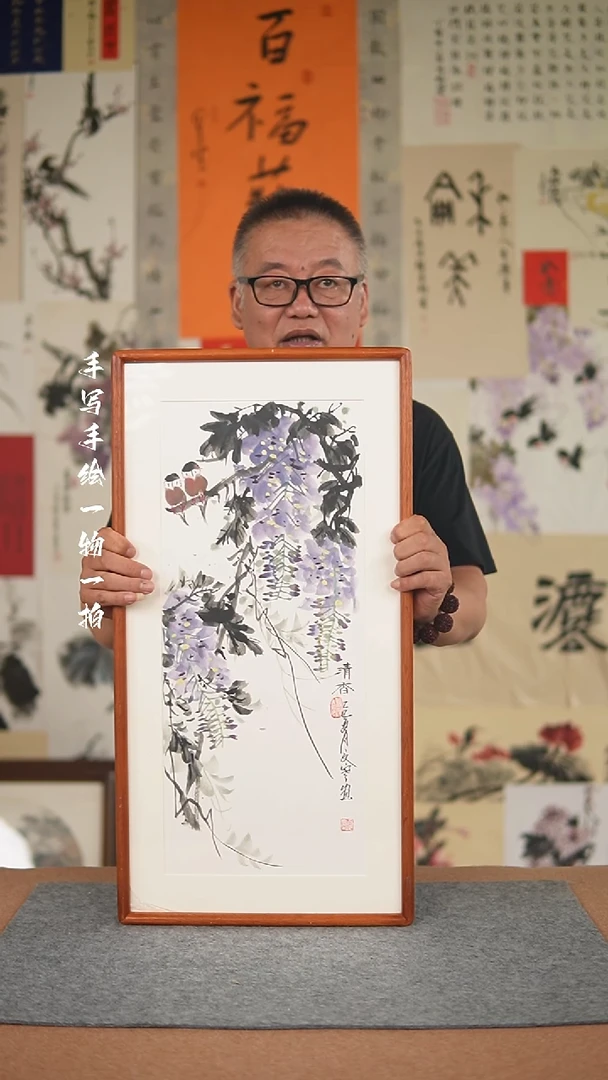 国画手绘-36*69实木框花鸟
