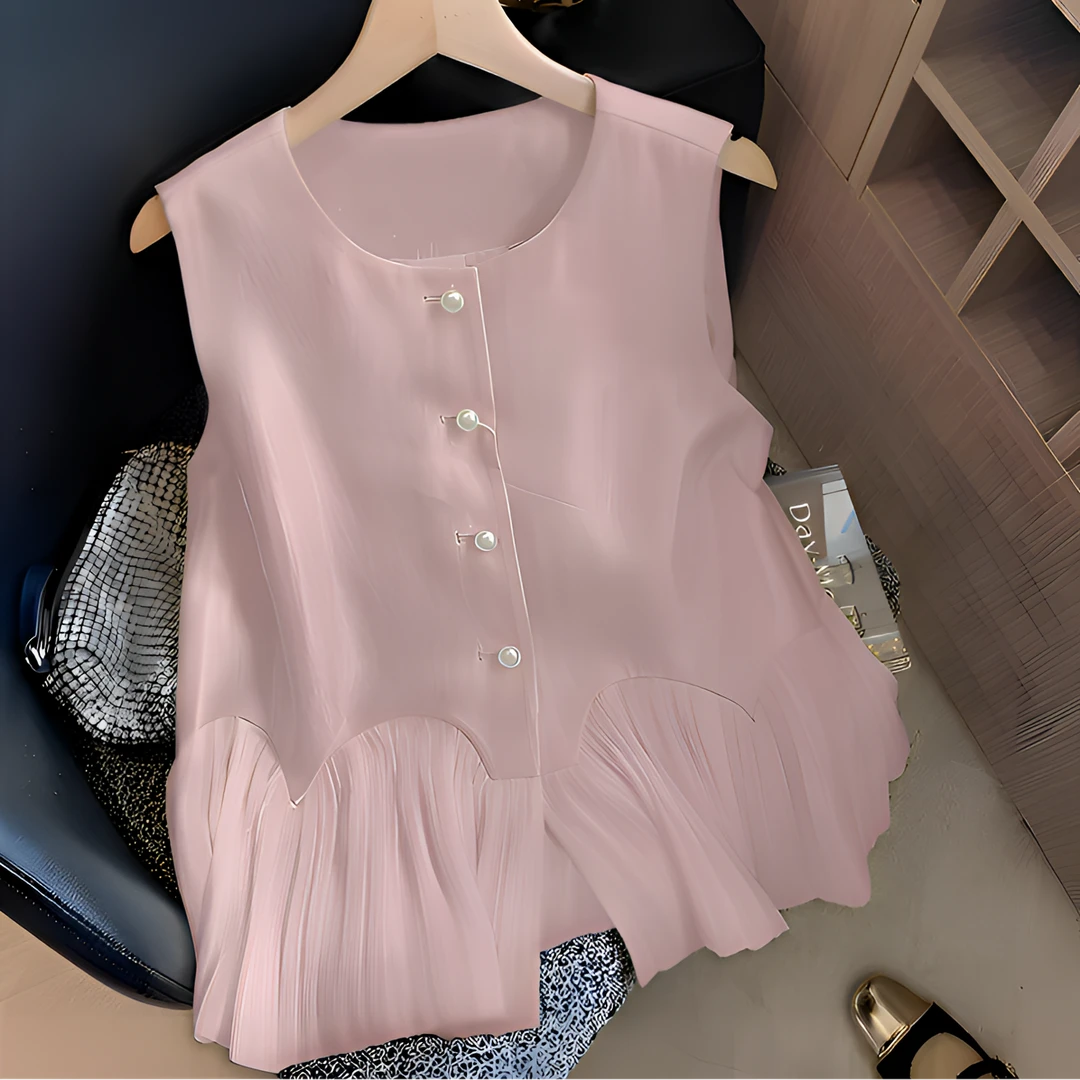 荷叶边拼接珠光缎面无袖上衣女2025夏季爆款法式温柔洋气早秋小衫