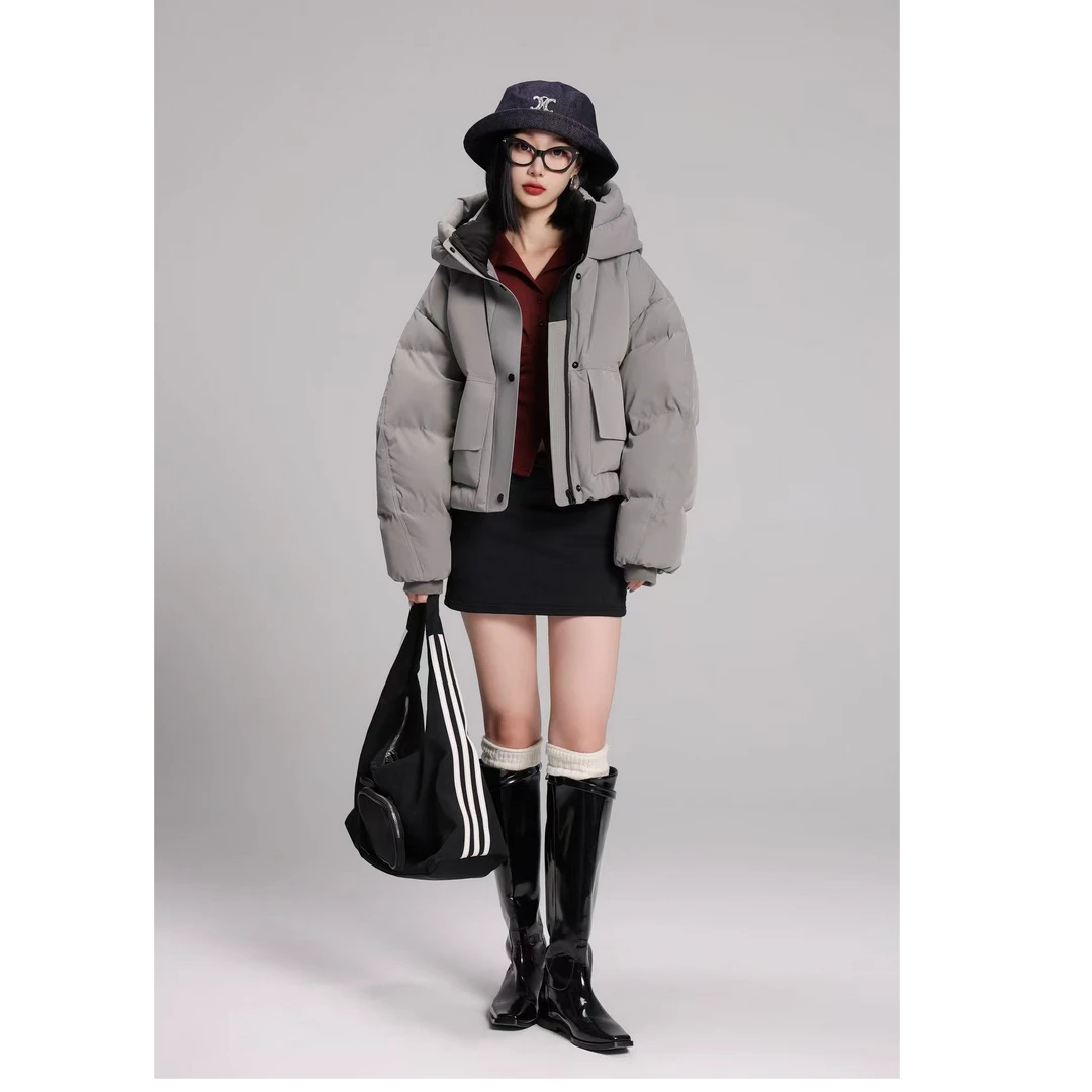 6122  保暖极简风白鸭绒大码羽绒服短款连帽冬季女装加厚秋冬外套