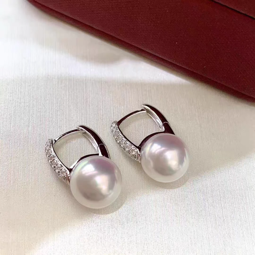 【梦泪】天然淡水珍珠正圆强光水桶耳饰耳扣耳圈s925优雅经典百搭