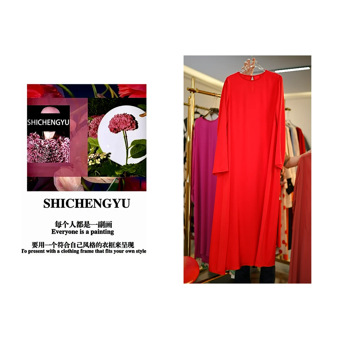 D058时尚设计师新款【正红色】圆领连衣裙