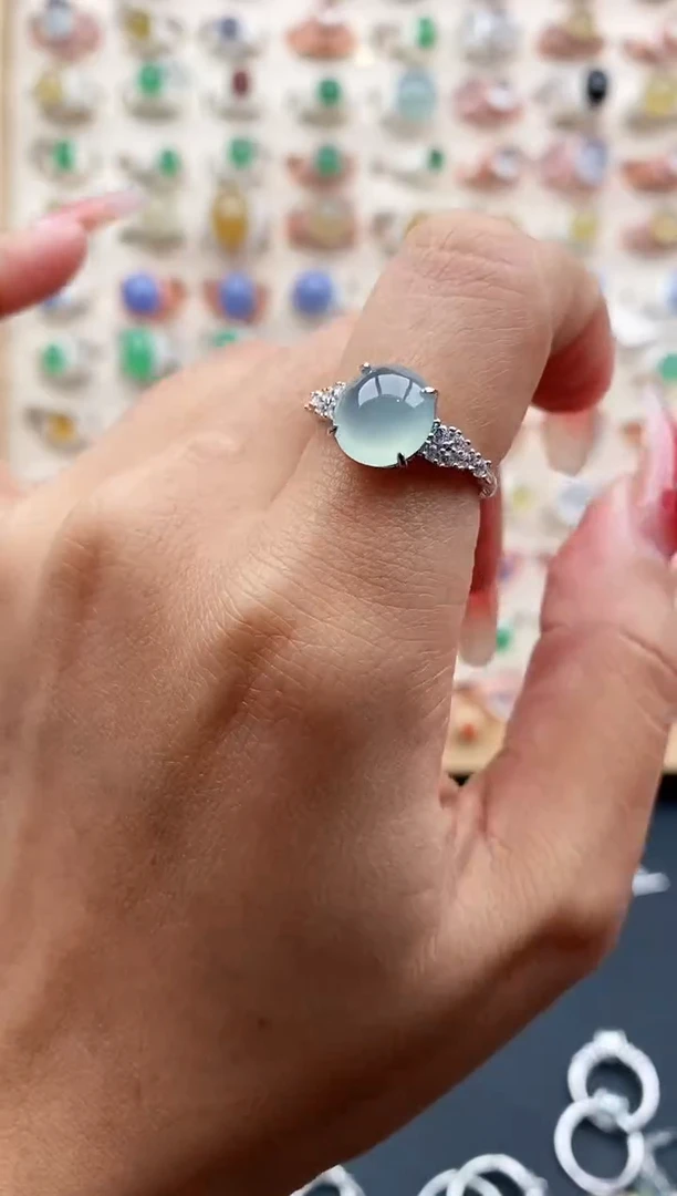 【闪购商品】翡翠戒指银S925镶嵌缅甸天然A货翡翠111 4+5