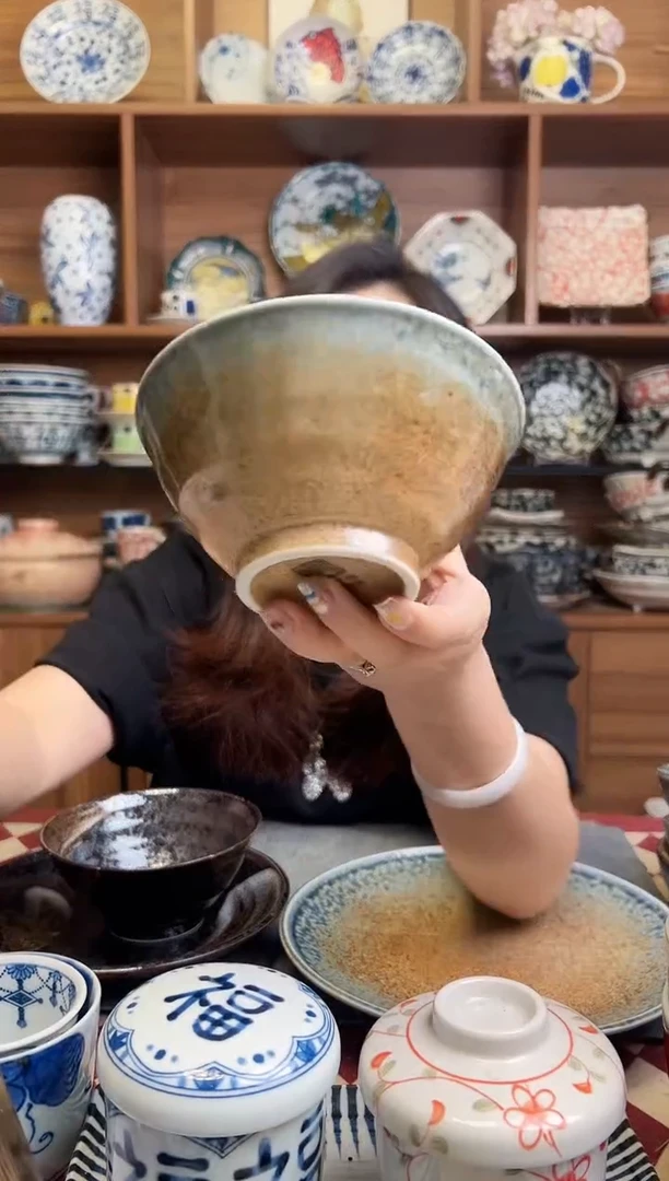 瓷片砂地蓝流13cm斗笠饭碗