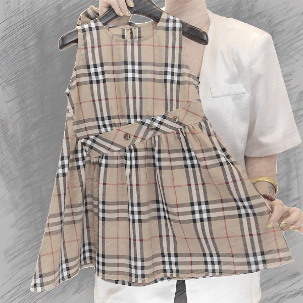 88381女童夏季新款时尚洋气经典轻奢风格纹无袖休闲显瘦连衣裙