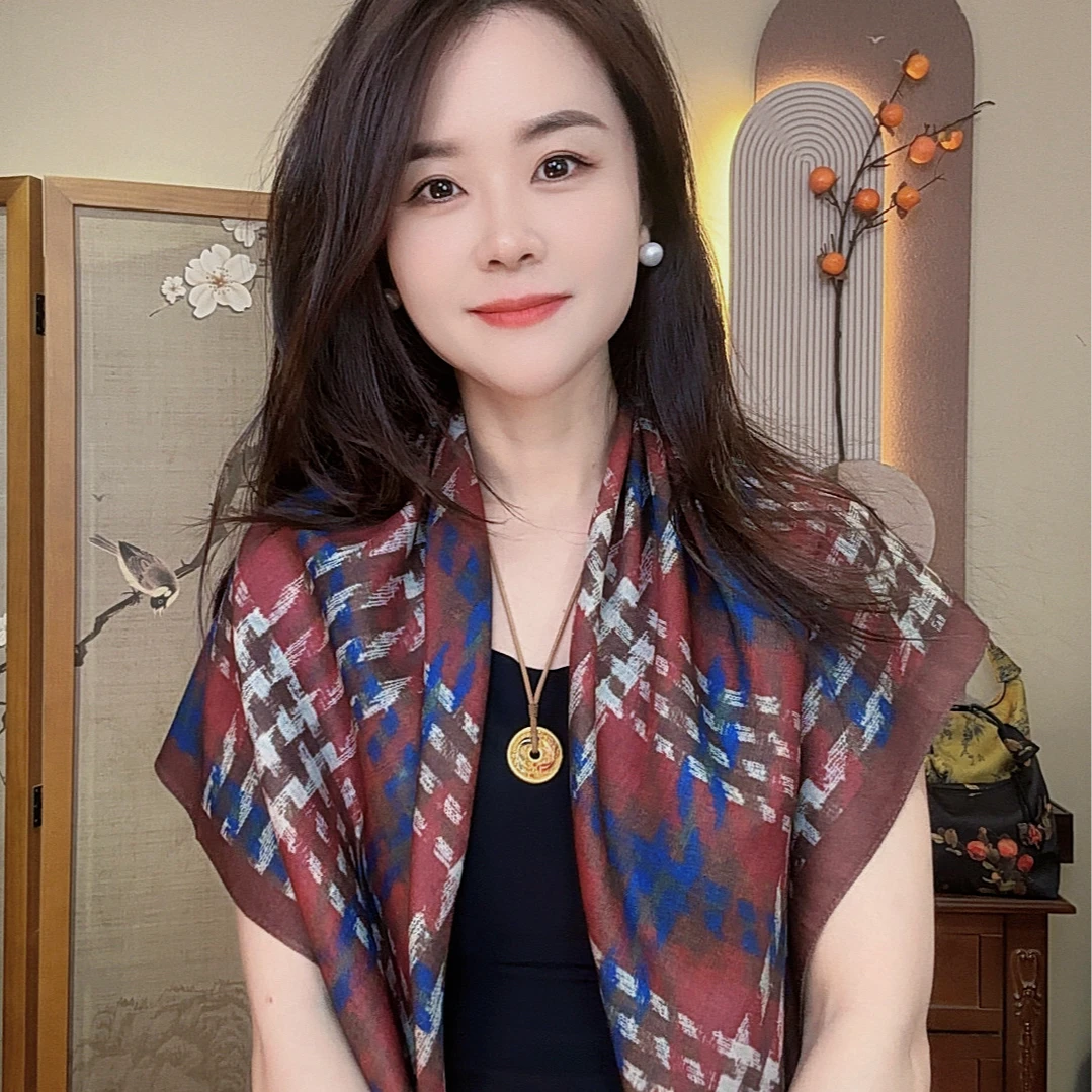 【蓝格纹】85*85丝毛优雅丝毛温暖国风高端丝巾
