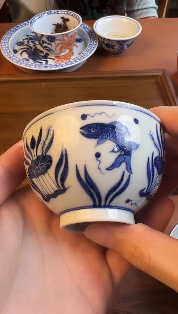 问青坊纯手工手绘青花鱼藻柴窑主人杯