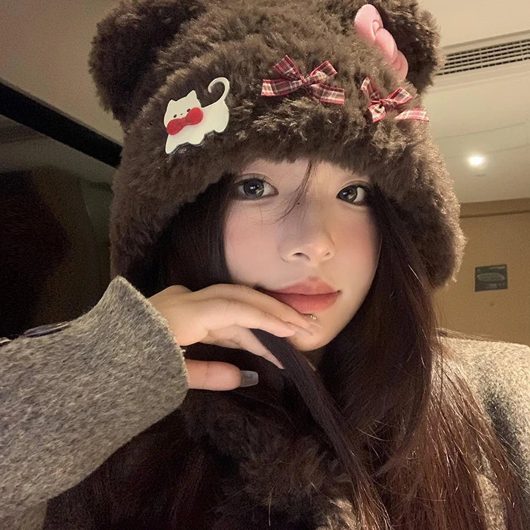 可爱小熊耳朵猫咪蝴蝶结毛绒帽女秋冬季保暖护耳雷锋帽显脸小帽子