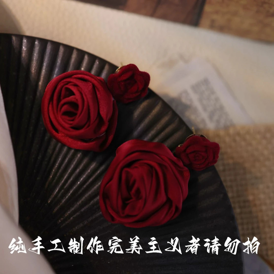 非金属布艺耳饰 【玫瑰告白】耳环气质时尚复古小众法式红色手工