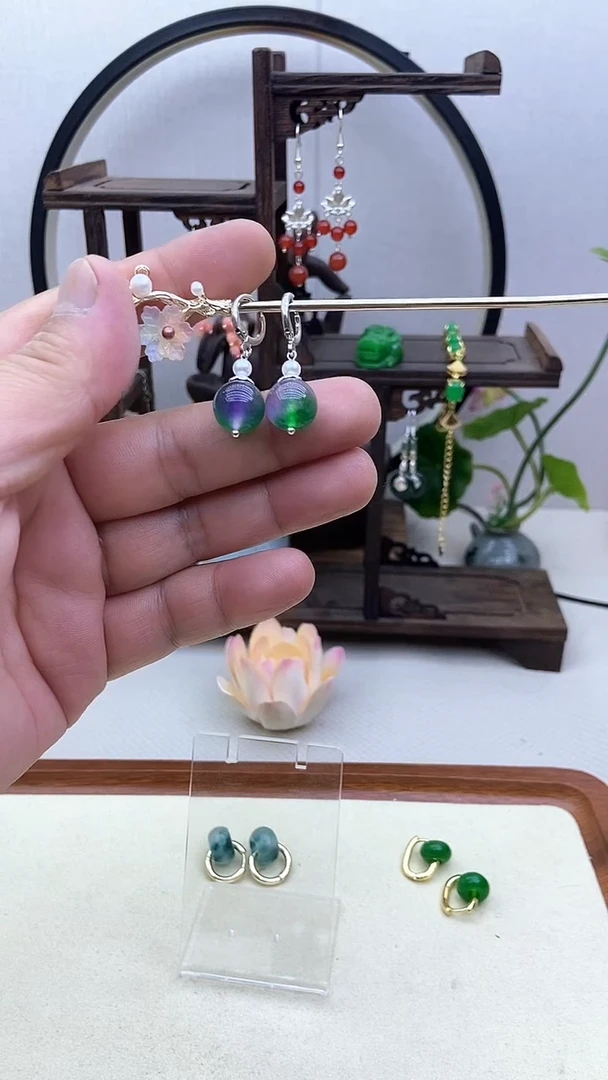 翡翠银S925镶嵌耳饰65号