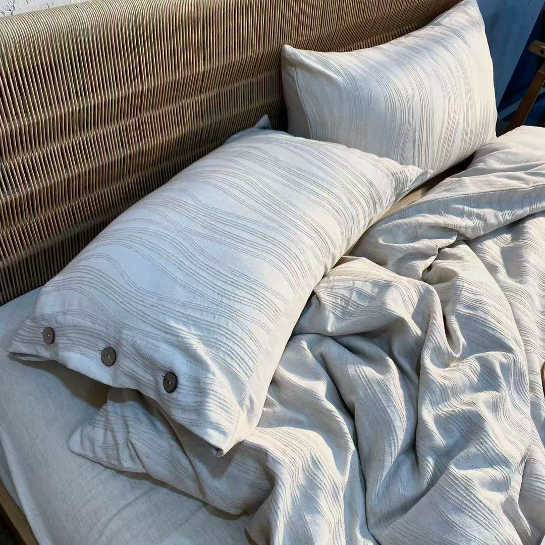 【迷迭香】冬季简约加厚亚麻透气提花棉麻套件纽扣款四件套