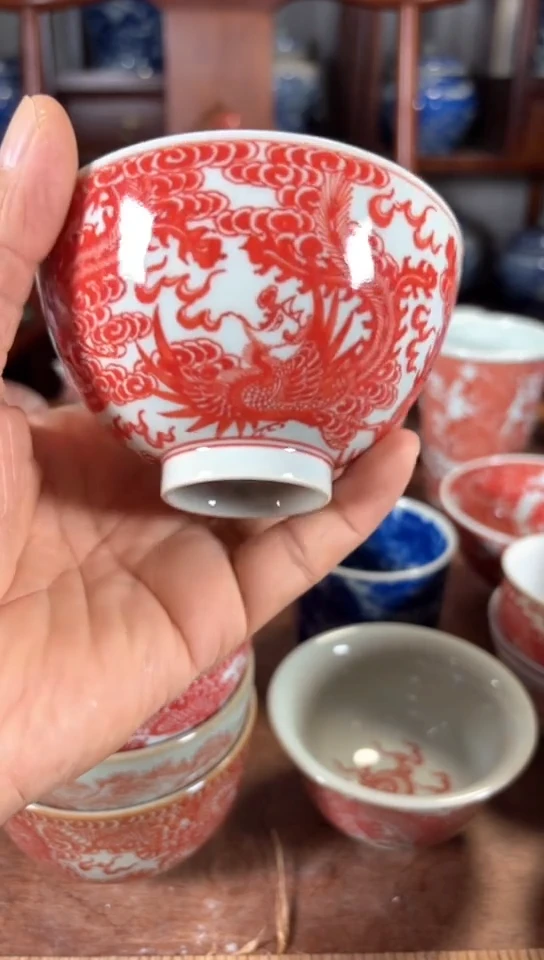 柴窑釉里红九凤纹鸡心杯杯