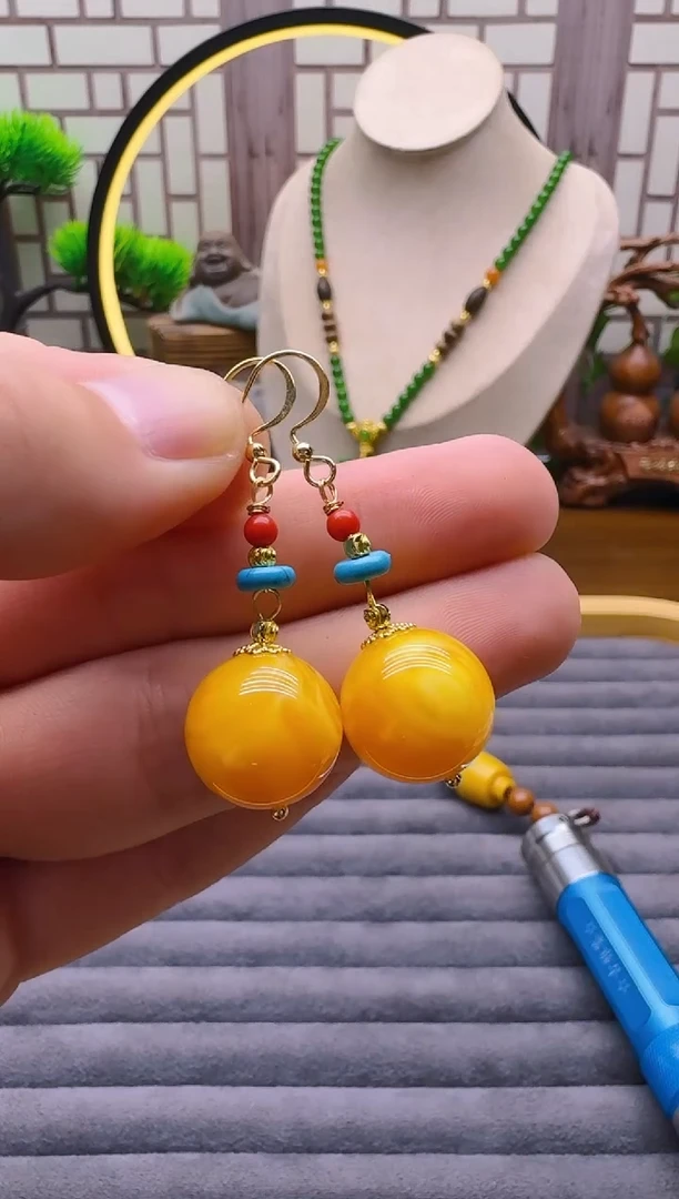 蜜蜡14K金镶嵌耳饰E208