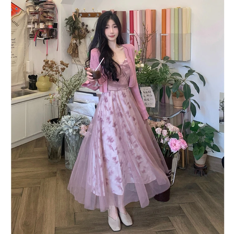 3643 春新款大码长袖开衫+微胖吊带网纱裙两件套