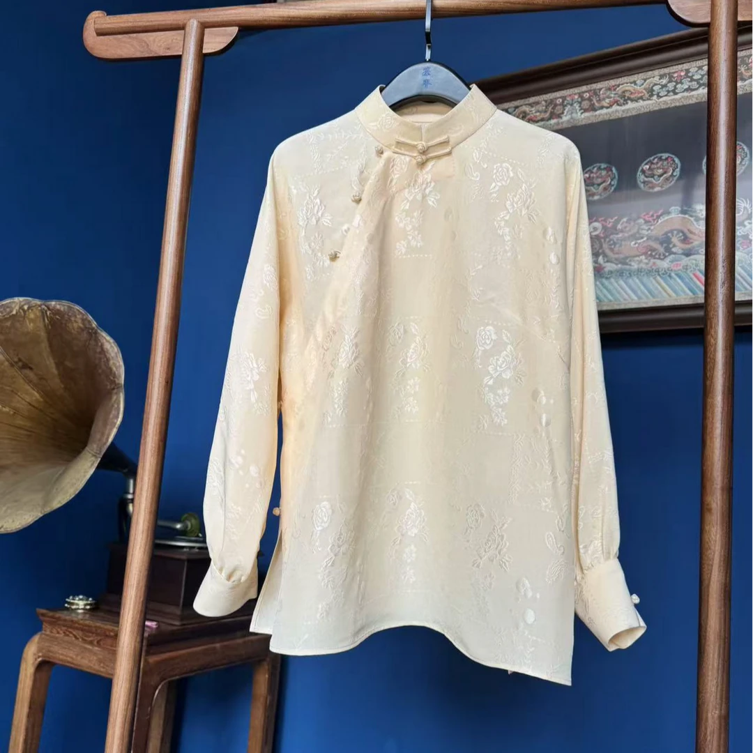上海中国风抗皱吸汗减龄透气衬衫霜玥桑蚕丝国风新中式衬衫
