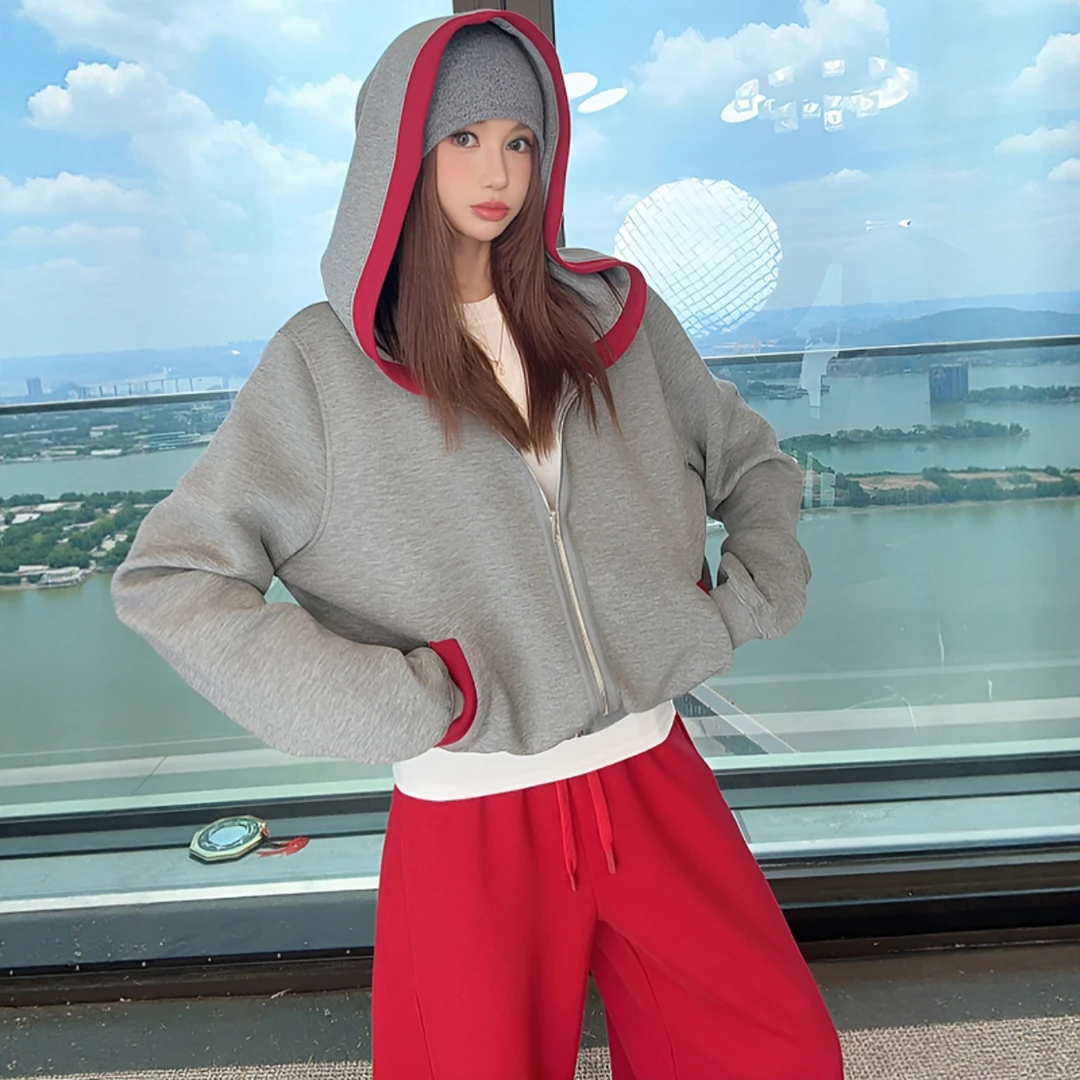 2025春秋款慵懒韩系撞色拼接连帽拉链卫衣外套阔腿裤两件套女