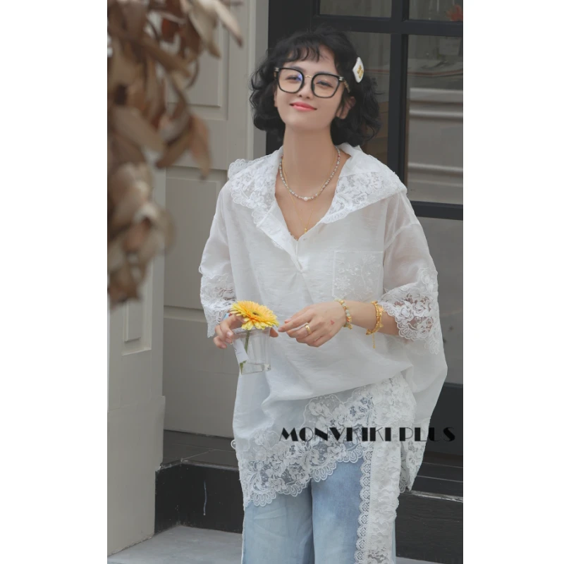 MoNvKiKiPlus“雨爱“大码微胖设计蕾丝纯欲花边宽松连帽上衣#1136
