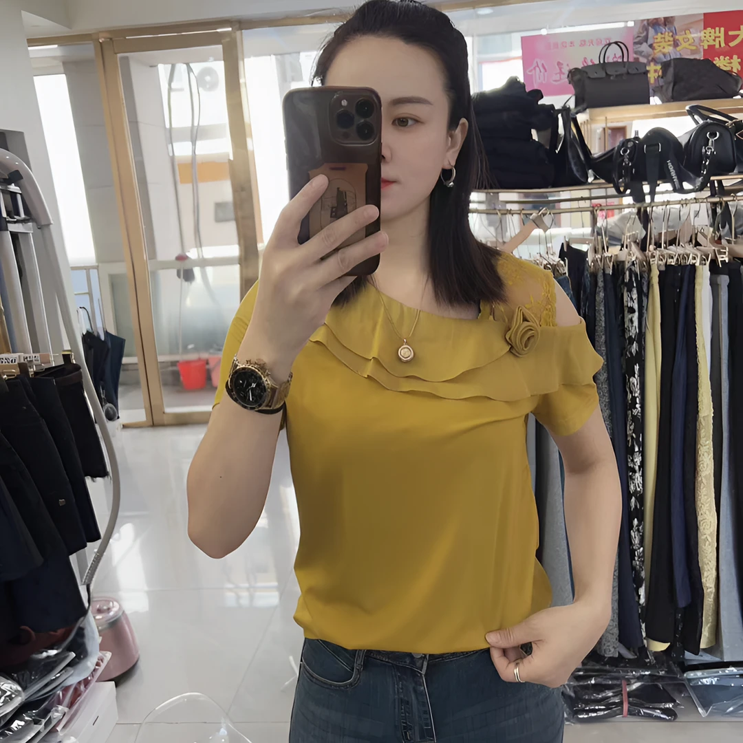 夏季女士时尚立体花朵褶皱方领修身短袖T恤洋气百搭