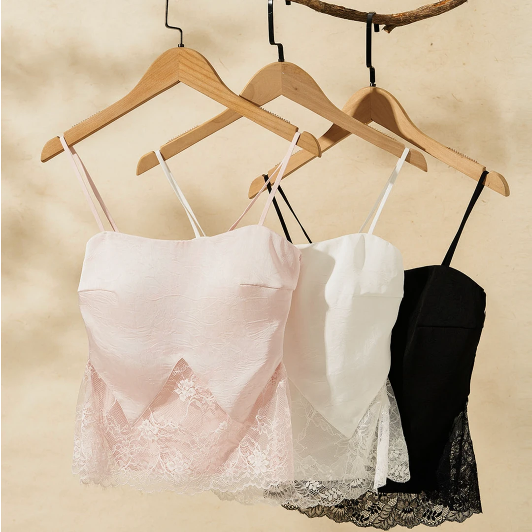 新中式一体式一字领下摆小睫毛蕾丝无钢圈女士吊带