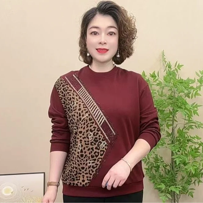 长袖妈妈装秋季小衫时尚宽松中老年女装圆领豹纹拼接气质潮牌百搭