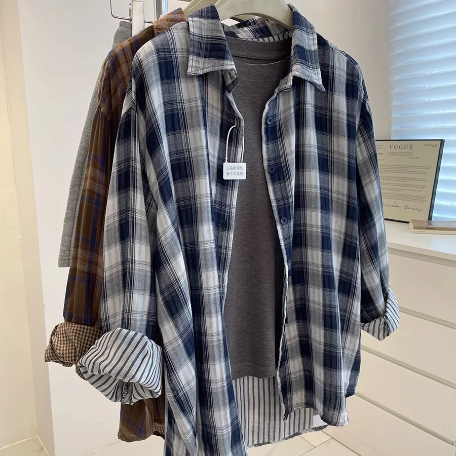 【杭州四季青好货】格子衬衫外套女早秋新款宽松慵懒复古衬衣上衣女
