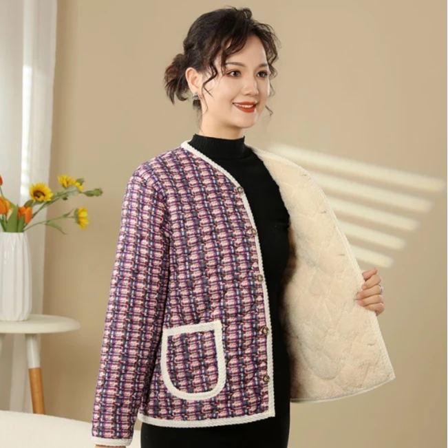 新款小香风棉袄保暖妈妈装时尚中老年加绒加厚棉衣棉服百搭女外套