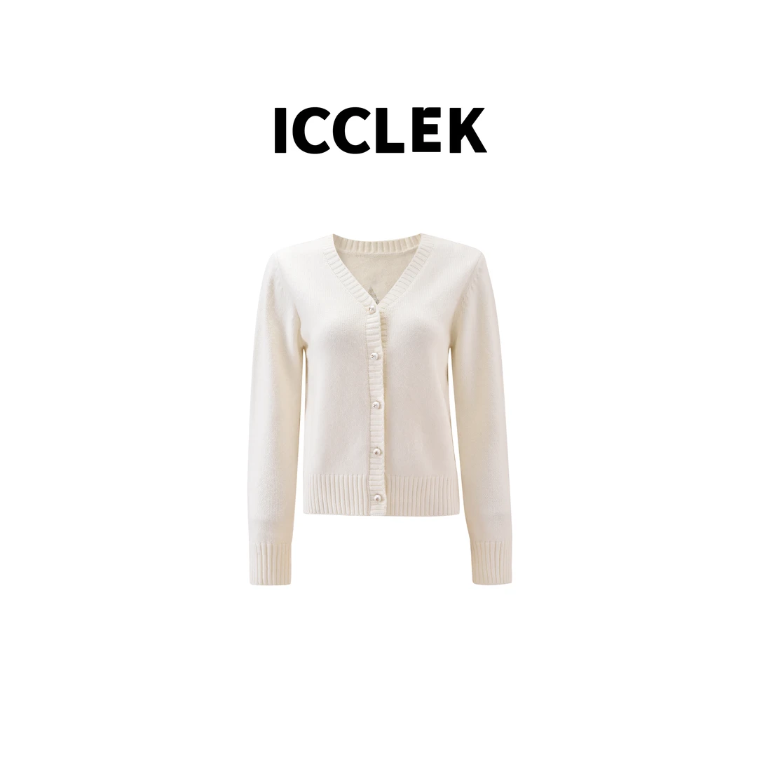 ICCLEK 白色V领纽扣名媛针织开衫长袖套头气质时尚显瘦上衣- 9397