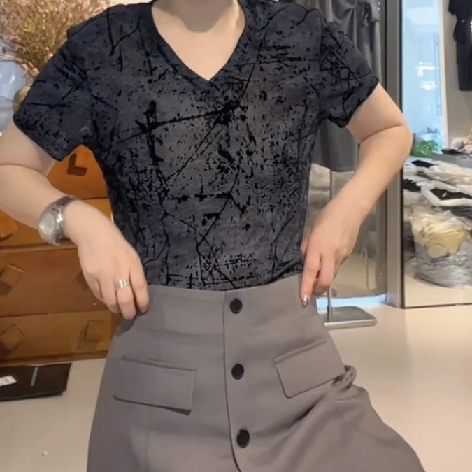 植绒网纱夏季显瘦短袖上衣C5463