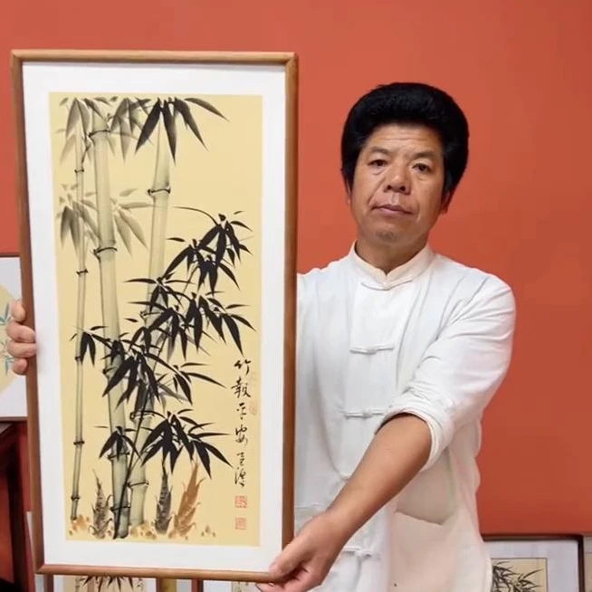 张富民作品/竹报平安（乌檀木实木框）（竖版）/36*69厘米左右