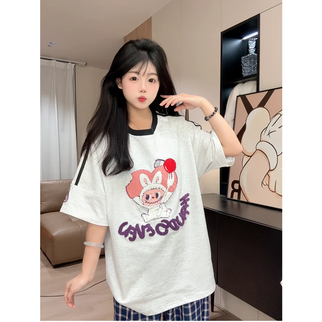 HandSeven夏季可爱风毛绒刺绣宽松短袖T恤小众百搭休闲上衣情侣款