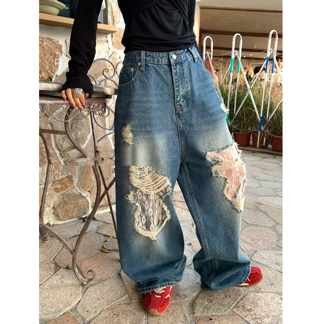 高级感蕾丝拼接设计感破洞阔腿牛仔裤女2025新款宽松垂感裤9944#