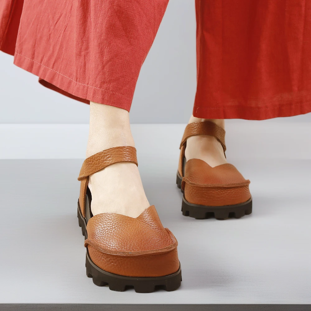 2025春季新款女鞋头层牛皮浅口平底内增高软皮中空一字带休闲单鞋