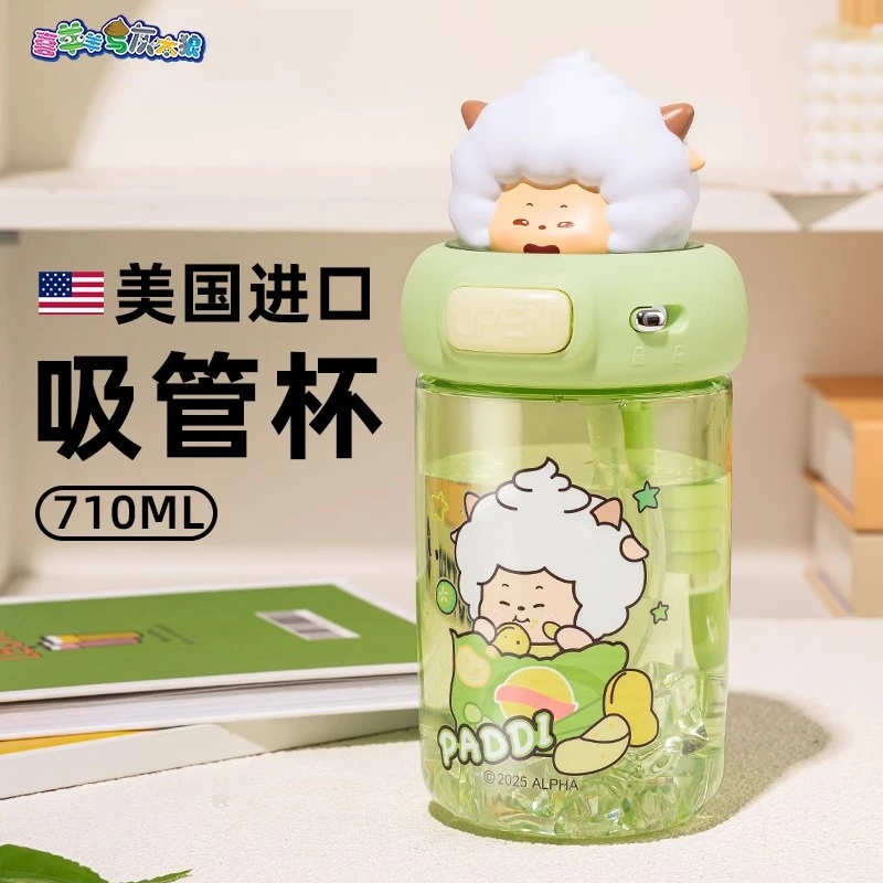 奇怡儿童水杯喜羊羊小学生上学专用可爱耐高温便携双饮吸管杯子