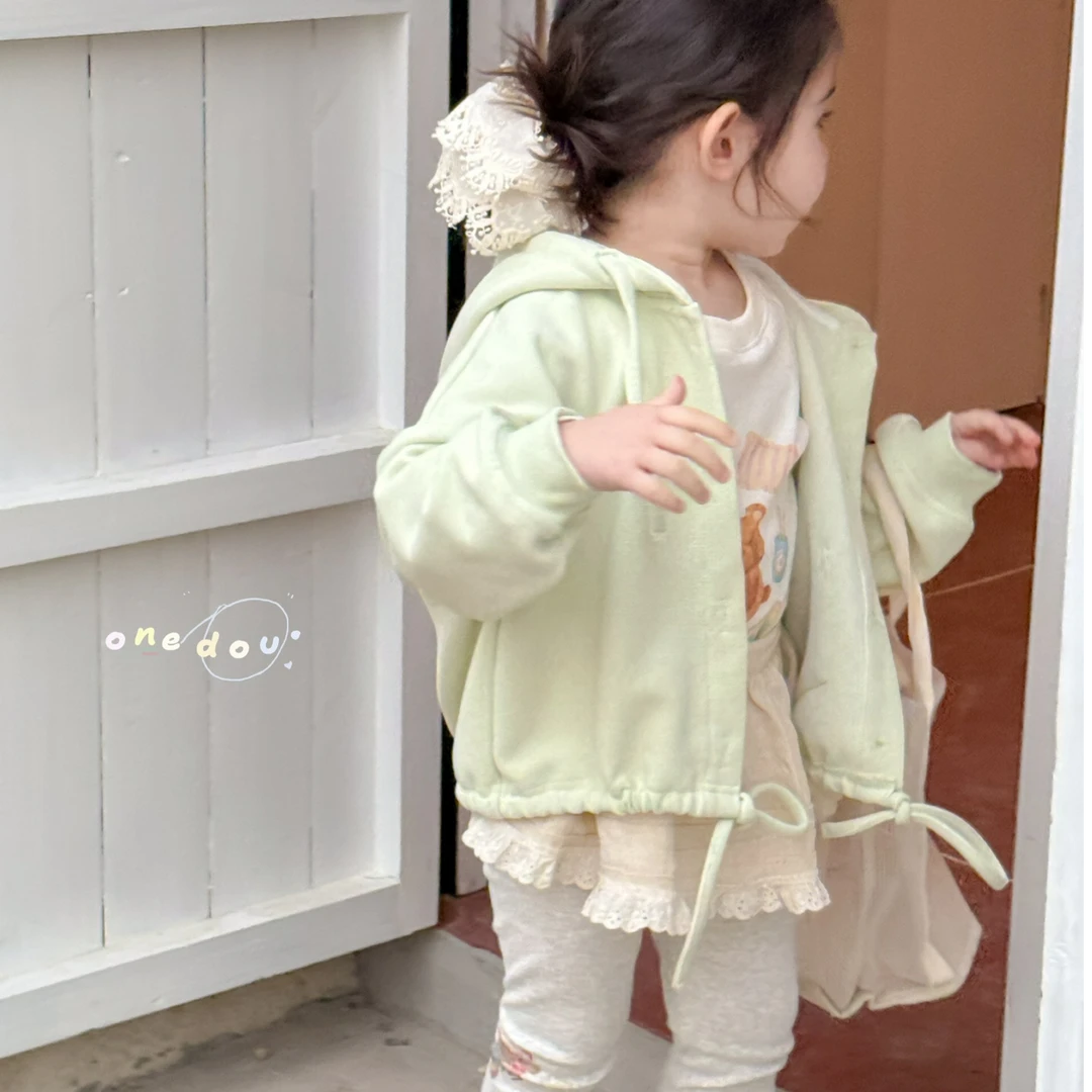 25春onedou 小清新外套女童洋气休闲连帽纯色时尚针织甜美长袖