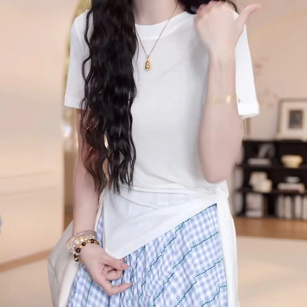 B【蝉鸣半夏】2025夏季新款时尚纯色圆领系带短袖T恤百搭圆领上衣