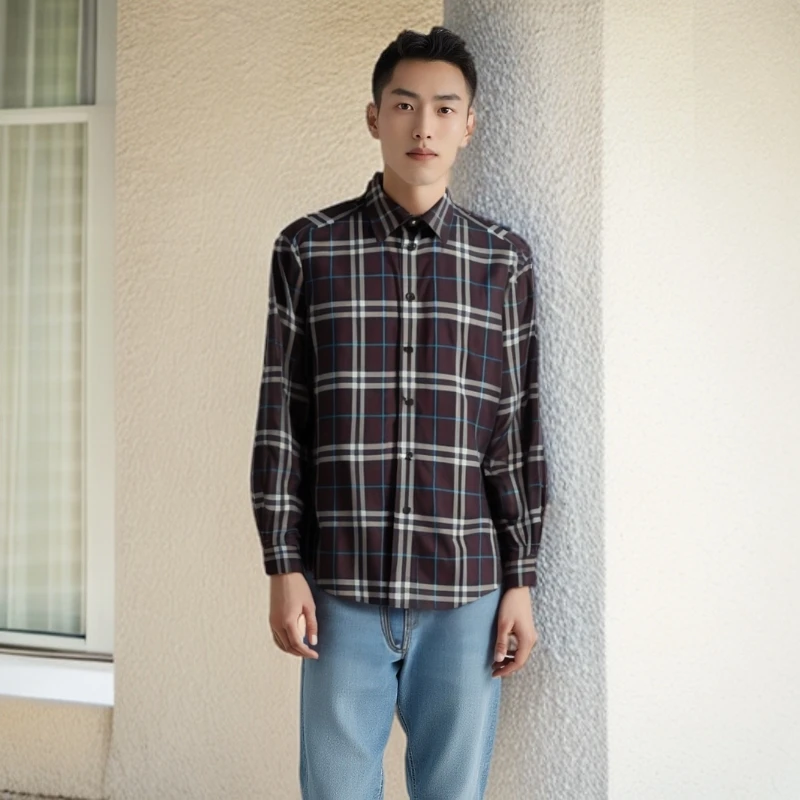 99新 BURBERRY/博柏利 9030519格纹府绸翻领男士长袖衬衫紫色 L码