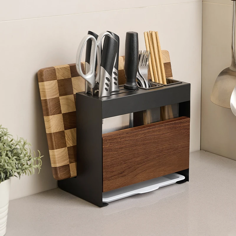 CMEO胡桃木厨房刀架置物架台面菜板架菜刀筷笼一体砧板刀具收纳架