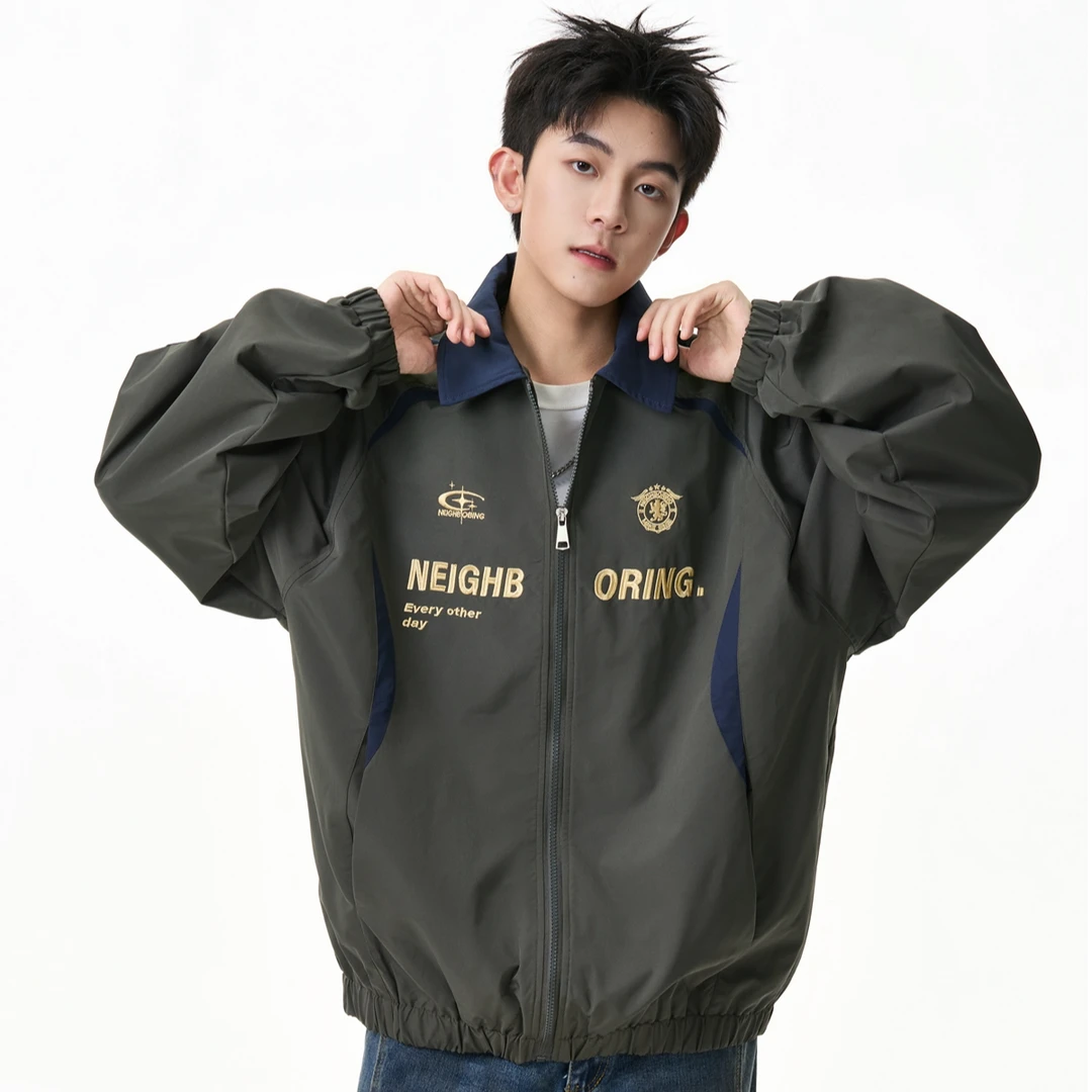 2025春秋季新款翻领飞行员夹克美式字母印花拼色时尚宽松百搭上衣