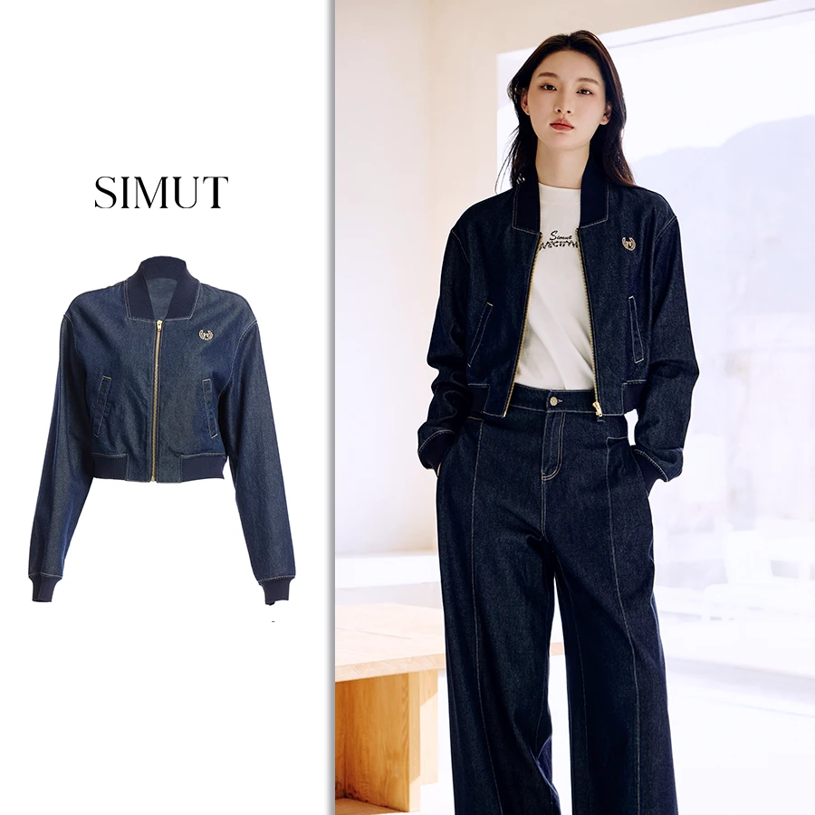 SIMUT思慕缇复古学院风仿牛仔外套女2025春款高级短款夹克开衫