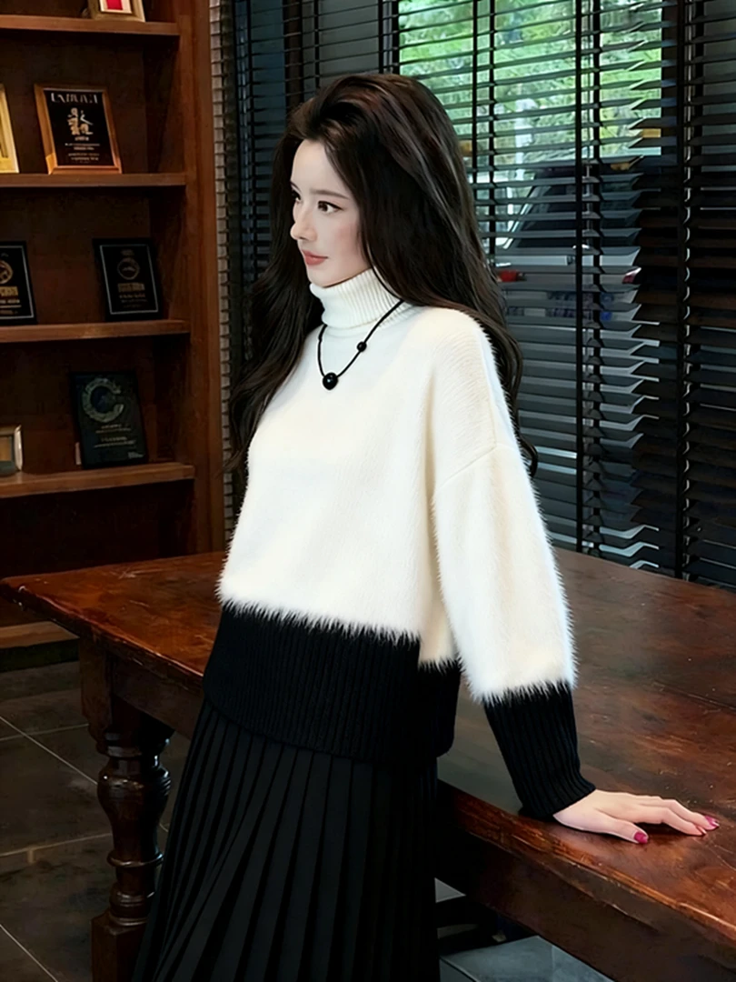 2025秋冬洋气轻熟风针织衫女慵懒松弛高级感气质白色高领毛衣上衣